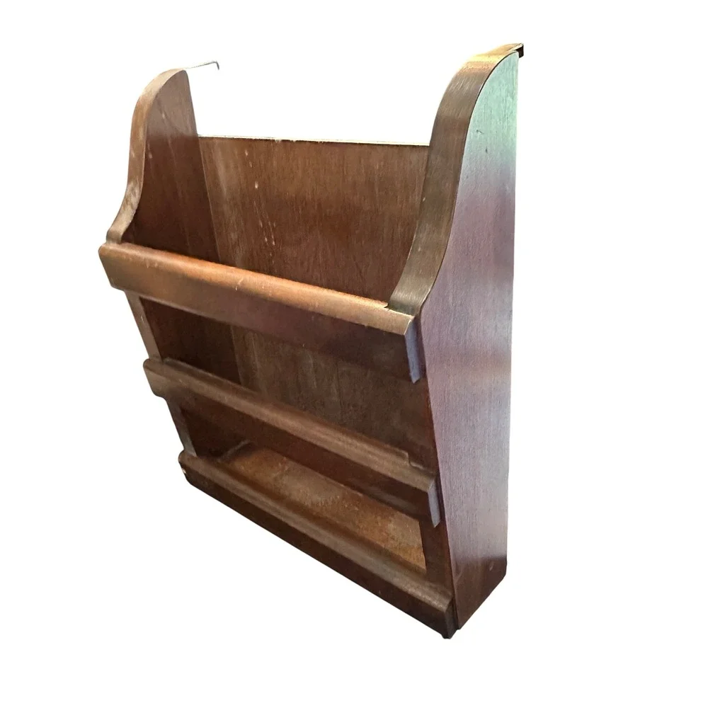 Vintage Wood Wall Mount Mail Sorter Magazine Rack Brown Mid Century 12in
